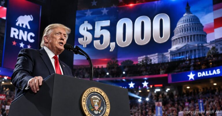 Trump speaks at an RNC convention with an illustrative $5,000 graphic and U.S. Capitol backdrop.