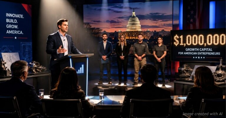 American entrepreneur delivers a business pitch on a Washington stage for a $1 million competition.