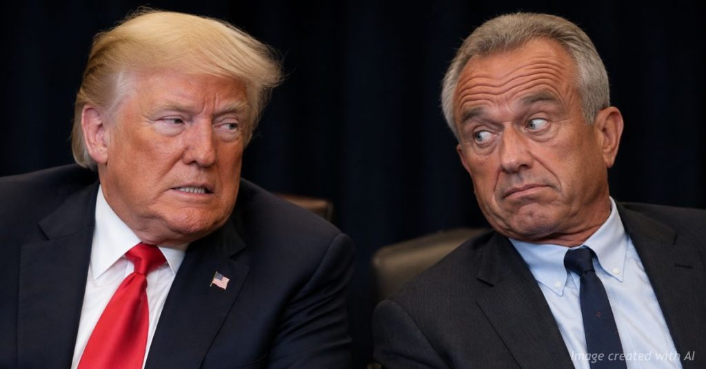 Donald Trump and Robert F. Kennedy Jr. exchange tense sideways glances while seated side by side.