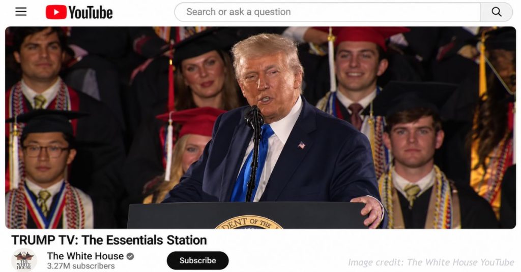 Donald Trump appears on the White House YouTube page for “TRUMP TV: The Essentials Station.”