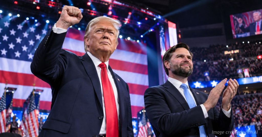 AI depiction of Donald Trump and JD Vance on stage at a Republican convention ahead of the 2026 midterms.