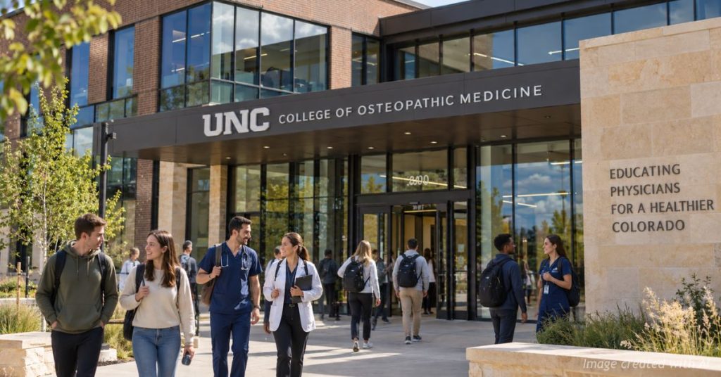 Students gather outside UNC’s College of Osteopathic Medicine in Greeley, Colorado.