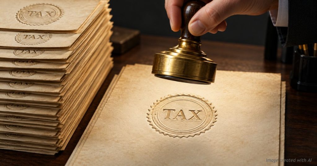 A hand lifts a brass stamp above a bright embossed TAX seal, beside a tall stack of already-stamped papers.