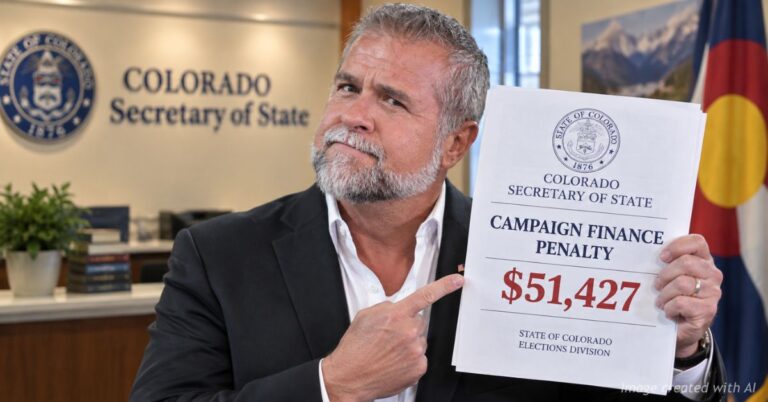 Victor Marx points to a document displaying a $51,427 Colorado campaign finance penalty.
