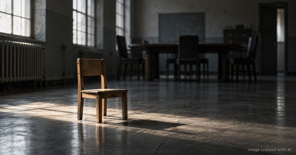 Small empty child's chair in a cold institutional room, adult conference table in shadow behind it.