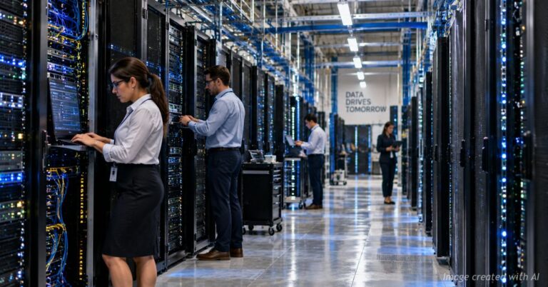Technicians work among rows of server racks inside a large modern data center.