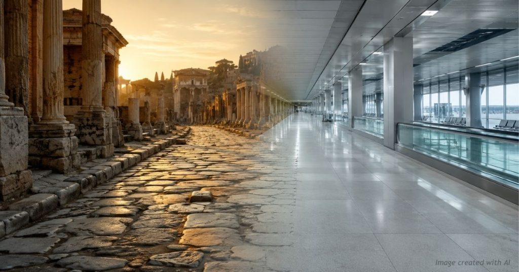Ancient Roman road blending into a modern airport corridor, evoking 'when in Rome.'