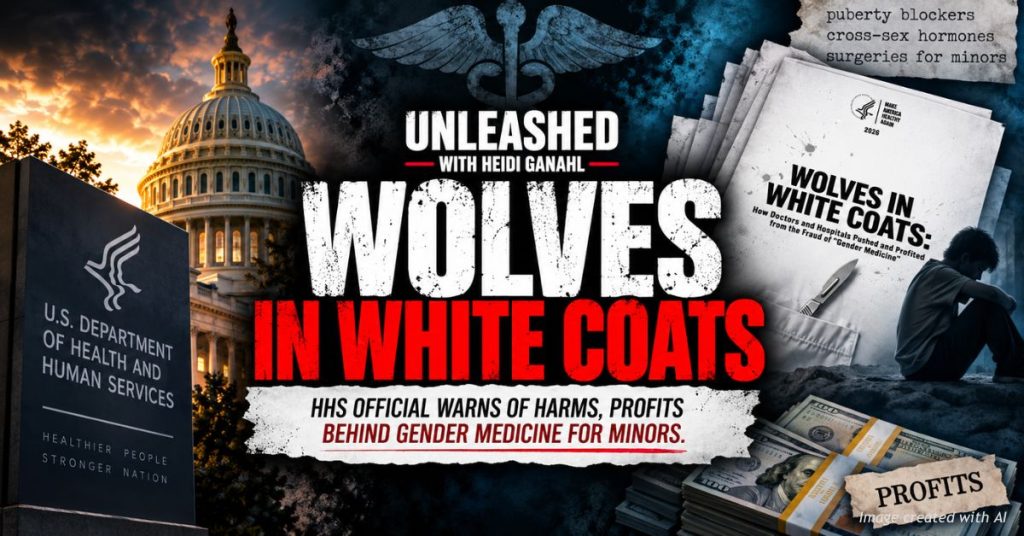 Unleashed with Heidi Ganahl banner for HHS report "Wolves in White Coats" on harms and profits in youth gender medicine.