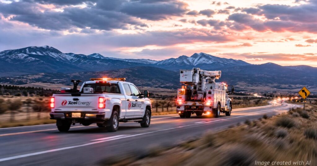 Xcel Energy utility trucks travel a rural Colorado highway at dusk with mountains in the distance.