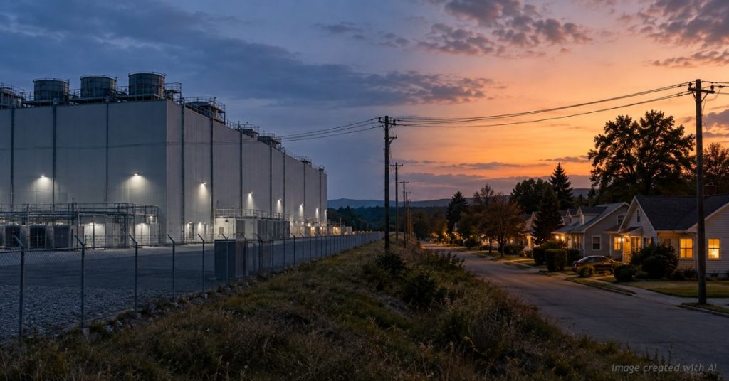 Data center beside a lit residential neighborhood at dusk, linked by power lines — who pays for Colorado data center power