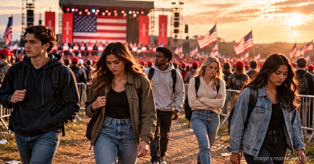 Young adults walk away from a political rally as American flags and a large crowd fill the background.