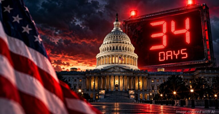 U.S. Capitol beneath a red digital warning clock showing 34 days until the 2026 midterm elections.
