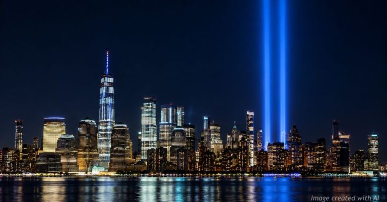 New York City skyline at night with the 9/11 Tribute in Light honoring victims as families continue seeking answers.