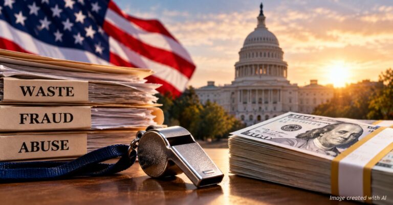 Editorial illustration showing folders labeled waste, fraud and abuse, a whistle, cash and the U.S. Capitol.