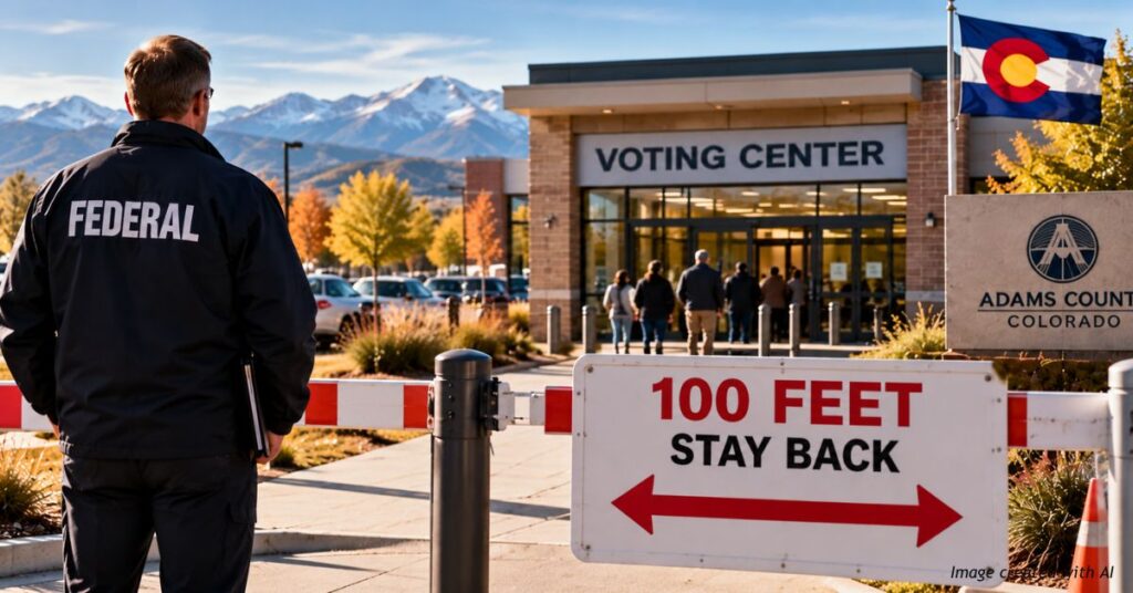 AI-generated image of a federal election observer standing outside a Colorado voting center behind a barrier marked “100 FEET STAY BACK,” as voters enter the building.