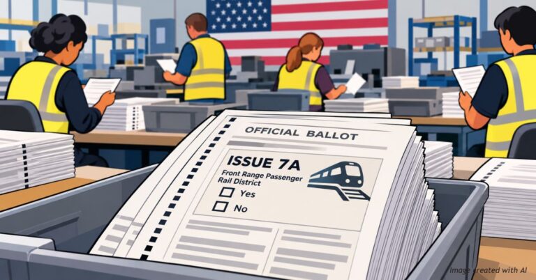 Editorial illustration of election workers sorting ballots, with Ballot Issue 7A prominently displayed, representing Colorado's passenger rail ballot error.
