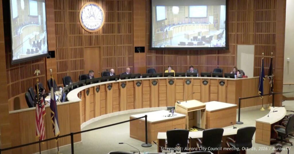 Aurora City Council members and residents attend a public meeting on October 26, 2026, where an effort to reconsider a proposed data center moratorium failed.