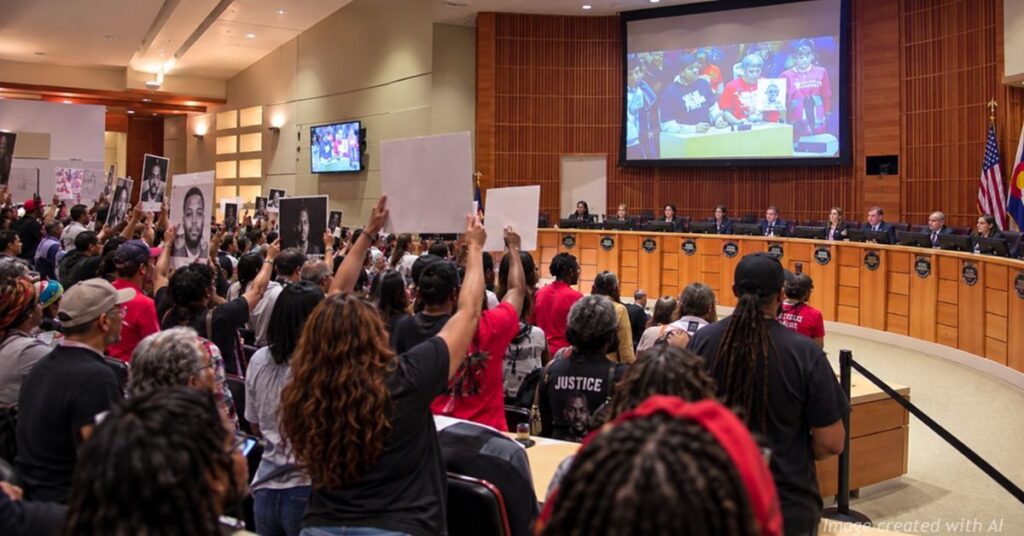 Illustration of Aurora residents protesting inside City Council chambers as officials face demands over police leadership.