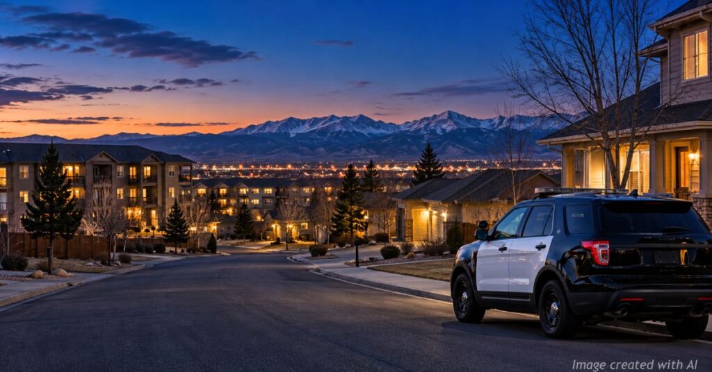 Police SUV parked in an Aurora, Colorado, neighborhood at dusk, illustrating concerns about child trafficking and public safety.