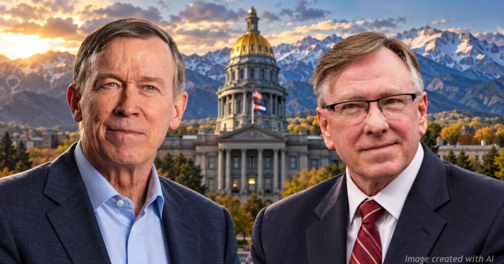 John Hickenlooper and Mark Baisley pictured before the Colorado State Capitol with the Rocky Mountains in the background.