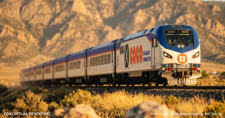 Conceptual rendering of a CoCo Colorado Connector passenger train on Front Range track, the service Ballot Issue 7A would expand