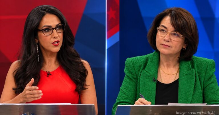 Illustration of Lauren Boebert speaking as Eileen Laubacher listens during a Colorado 4th Congressional District debate.