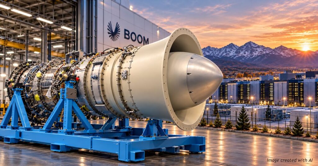 AI-generated illustration of a Boom Supersonic Superpower turbine on a blue industrial support frame, with a data center and Colorado mountains in the background.