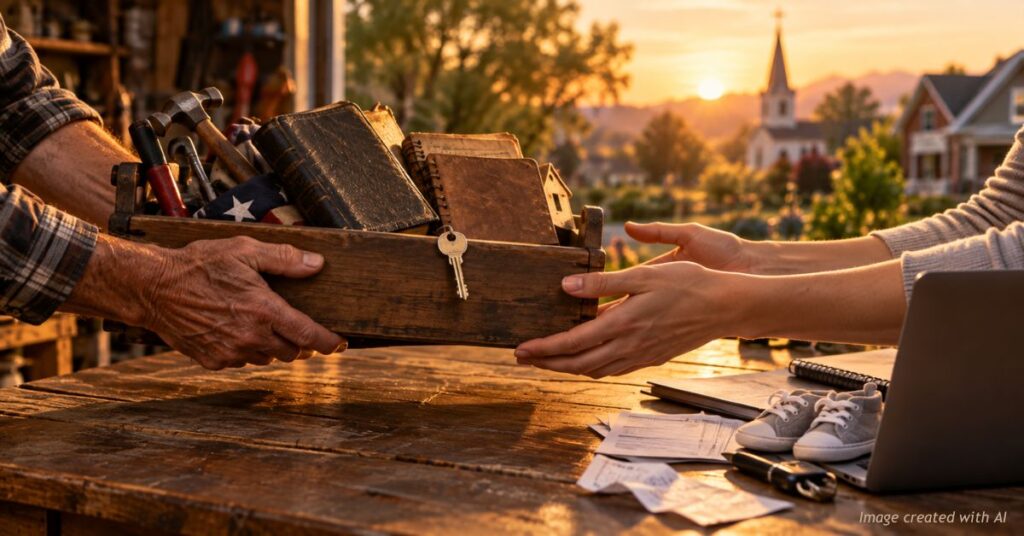 Older hands pass a wooden crate holding a Bible, tools, a flag and a house key to younger hands at sunset