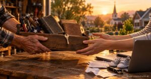 Older hands pass a wooden crate holding a Bible, tools, a flag and a house key to younger hands at sunset