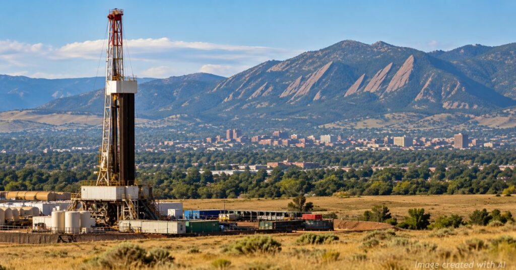 Oil drilling rig in the foreground with Boulder and the Flatirons visible in the distance.