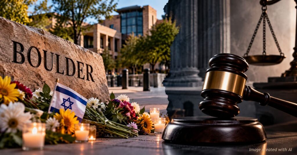 AI-generated illustration of a gavel beside flowers, candles and an Israeli flag at a symbolic Boulder memorial.