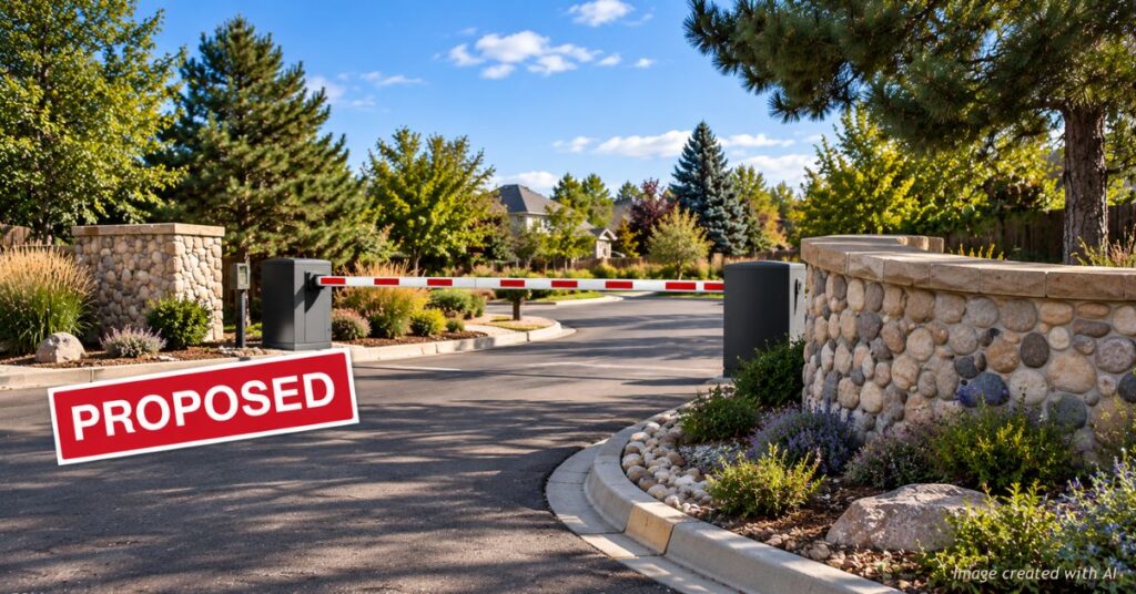 AI-generated illustration of a proposed traffic-control gate across a residential street in Bow Mar, Colorado, with stone walls, mature trees and a proposed-project label.