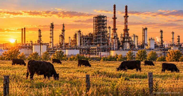 Cattle graze in a fenced pasture at sunset with an oil refinery in the background.