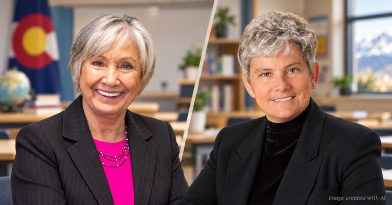 Sherri Wright, left, and Barb Clementi, CD-3 State Board of Education candidates, in side-by-side classroom portraits