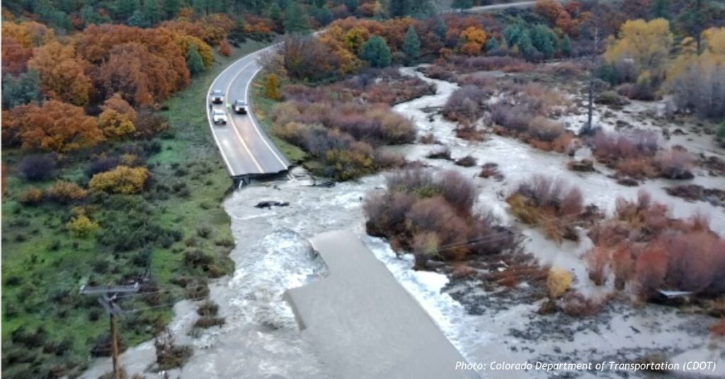 A section of roadway in southwestern Colorado is washed out following severe flooding in October 2026.
