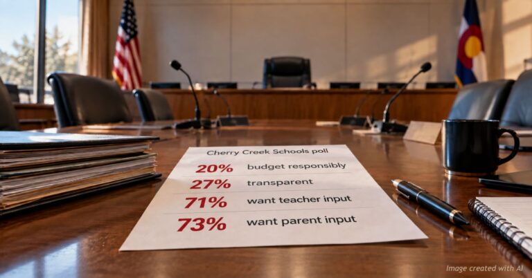 Cherry Creek poll card on an empty school board table: 20% budget responsibly, 27% transparent, 71% want teacher input