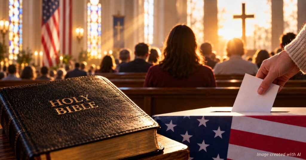 Christian duty to vote: a hand casts a ballot into a flag-draped box beside a Bible as a congregation sits beneath a cross.