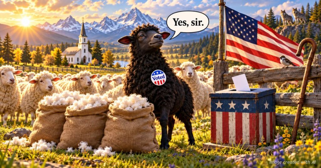 A black sheep wearing a Voted sticker says “Yes, sir” beside three burlap sacks of wool and a stars-and-stripes ballot box.