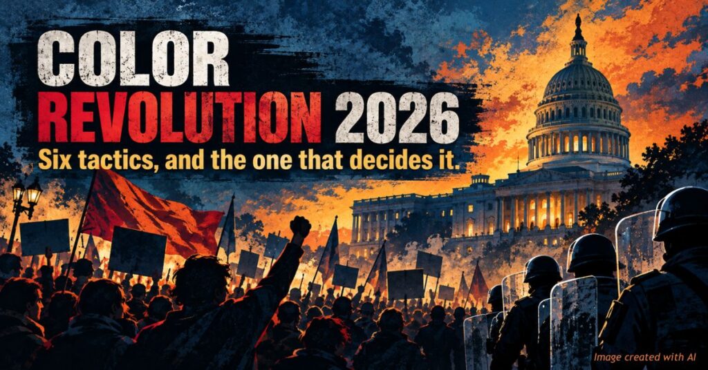 Stylized illustration of protesters holding flags and signs facing riot police outside the U.S. Capitol beneath a dramatic orange and blue sky.