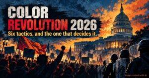 Stylized illustration of protesters holding flags and signs facing riot police outside the U.S. Capitol beneath a dramatic orange and blue sky.