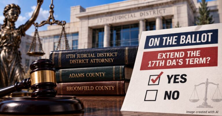 AI-generated illustration of a ballot-style graphic about extending the 17th Judicial District attorney's term limits, with a gavel, law books and courthouse.
