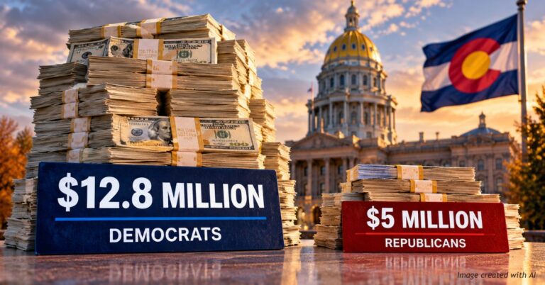 Unequal stacks of cash labeled $12.8 million for Democrats and $5 million for Republicans, with the Colorado State Capitol in the background.