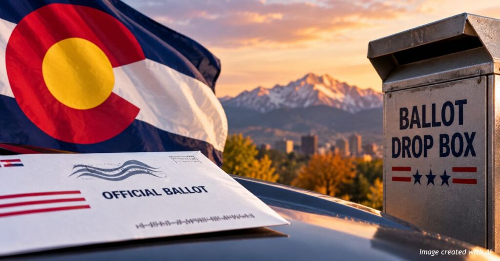 AI-generated image of a Colorado ballot envelope beside a ballot drop box, with the Colorado state flag, autumn trees and Rocky Mountains in the background.