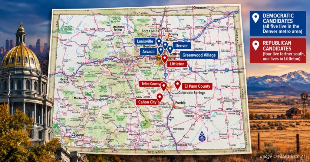 Illustrated map of Colorado showing Democratic statewide candidates clustered around Denver and Republican candidates concentrated in southern Colorado, with one in Littleton.
