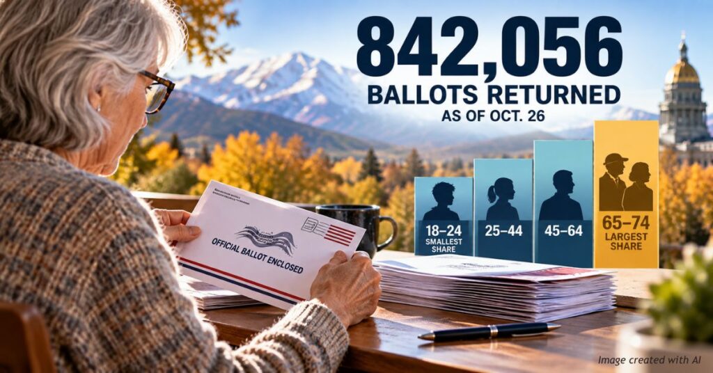 An older Colorado voter reviews a ballot at a table beside a graphic showing 842,056 ballots returned as of October 26, with voters ages 65–74 accounting for the largest share.