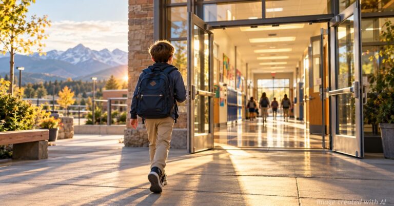Student walks toward open school doors, symbolizing expanded school choice scholarships from Colorado nationwide.