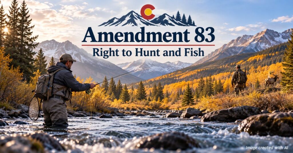 AI-generated illustration of an angler fishing in a Colorado mountain stream while a hunter walks toward an elk, with Amendment 83 prominently displayed.