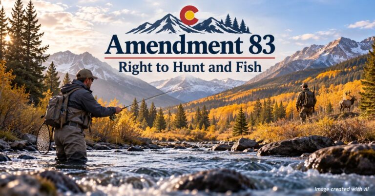 AI-generated illustration of an angler fishing in a Colorado mountain stream while a hunter walks toward an elk, with Amendment 83 prominently displayed.