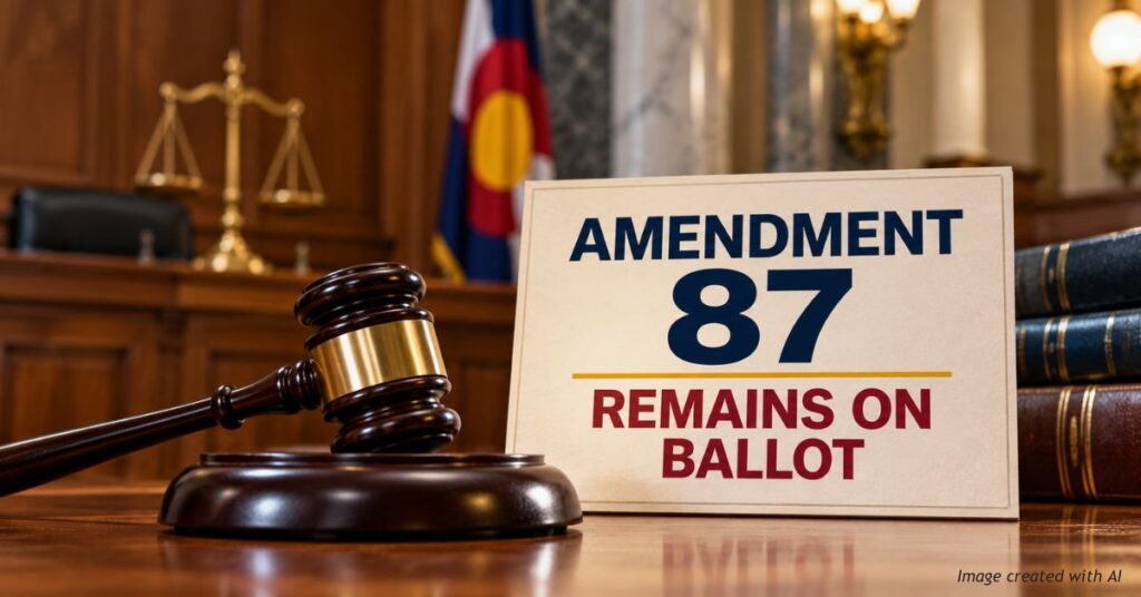 AI-generated editorial illustration of a judge's gavel beside a sign reading “Amendment 87 Remains on Ballot,” with a Colorado flag and courtroom in the background.