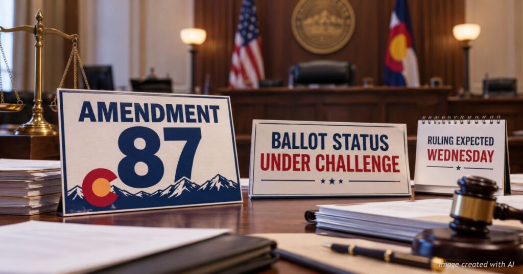 AI-generated illustration of Amendment 87 signage inside a Colorado courtroom, highlighting the legal challenge to petition signatures and an anticipated judicial ruling.